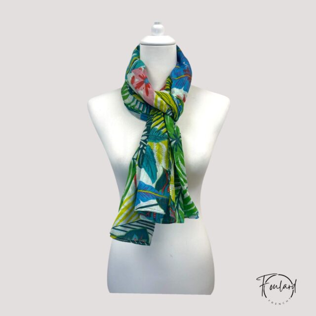 Foulard en coton, feuillage tropical multicolore