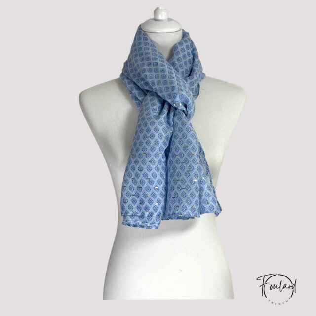 Foulard bleu, motifs géométriques dorés
