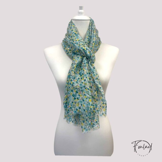 Foulard fleuri, bleu et vert en coton