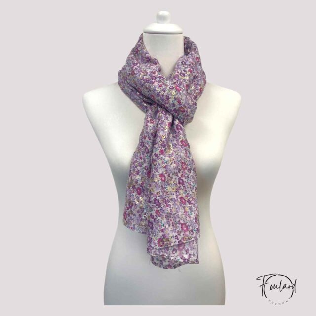 Foulard fleuri violet, paillettes dorées