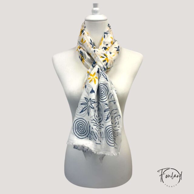 Foulard blanc, spirales et floral bleu marine et jaune