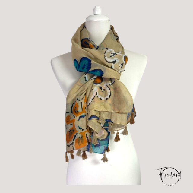 Foulard beige, fleurs abstraites
