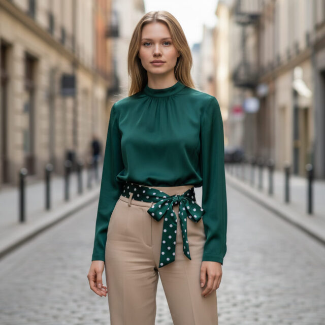 Ceinture foulard verte, pois blancs