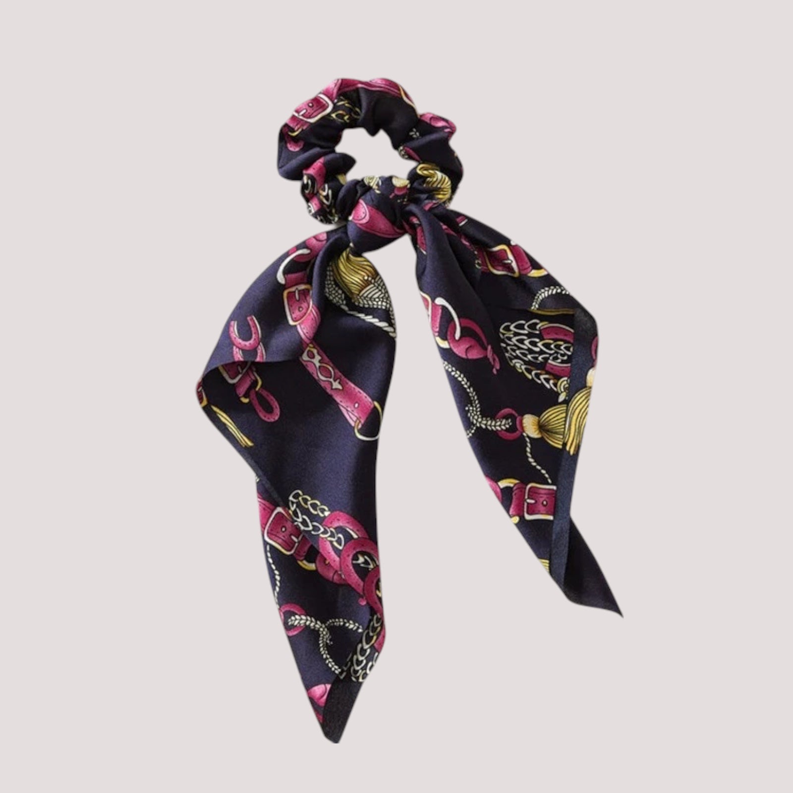Chouchou foulard violet, motif ceintures et pompons