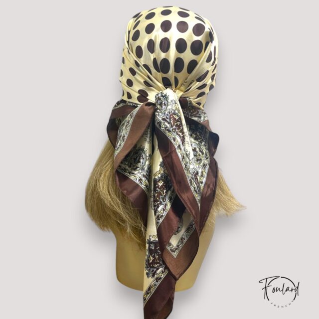 Foulard carré 90 cm, motif pois et baroque brun