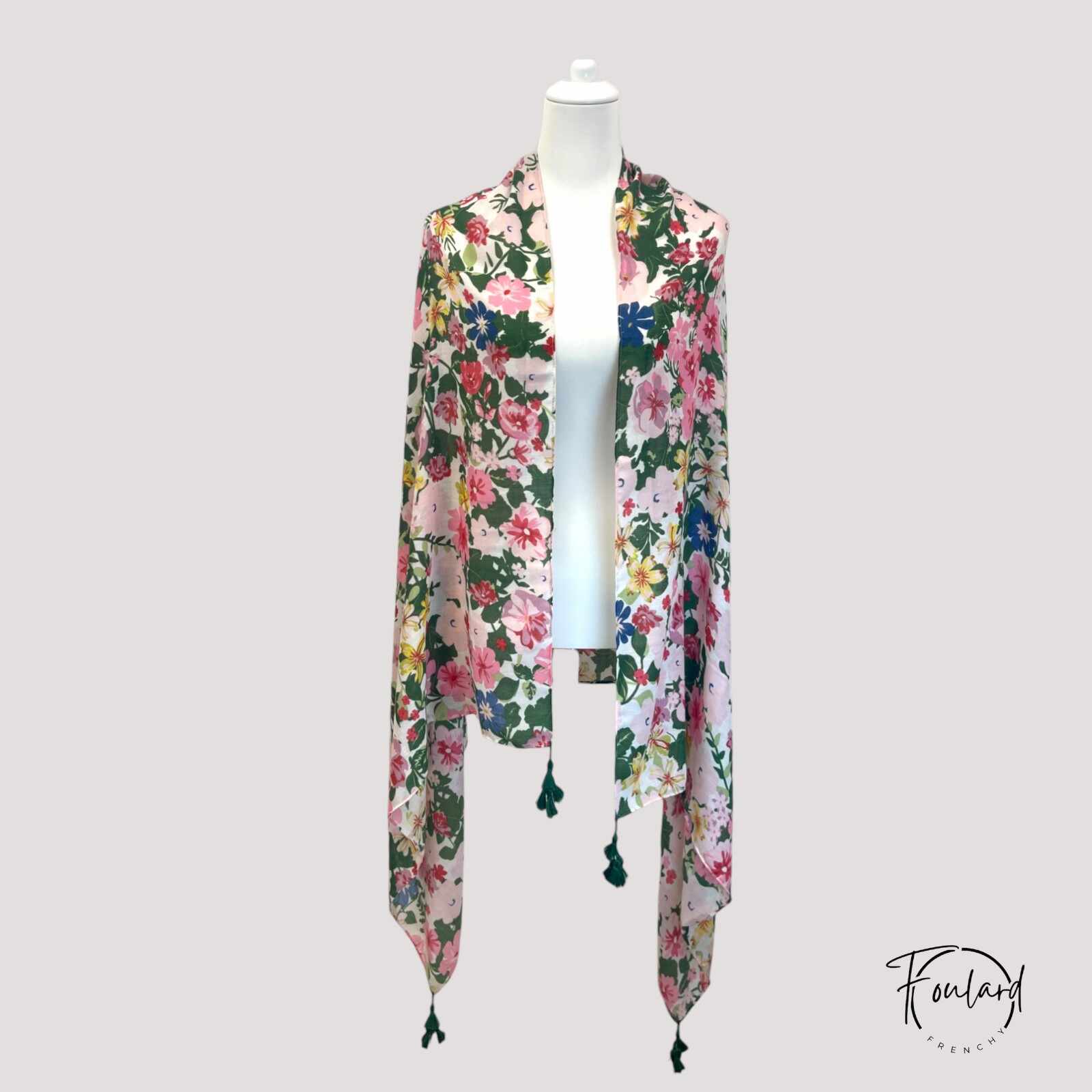Foulard à fleurs, rose, vert et bleu – Image 2