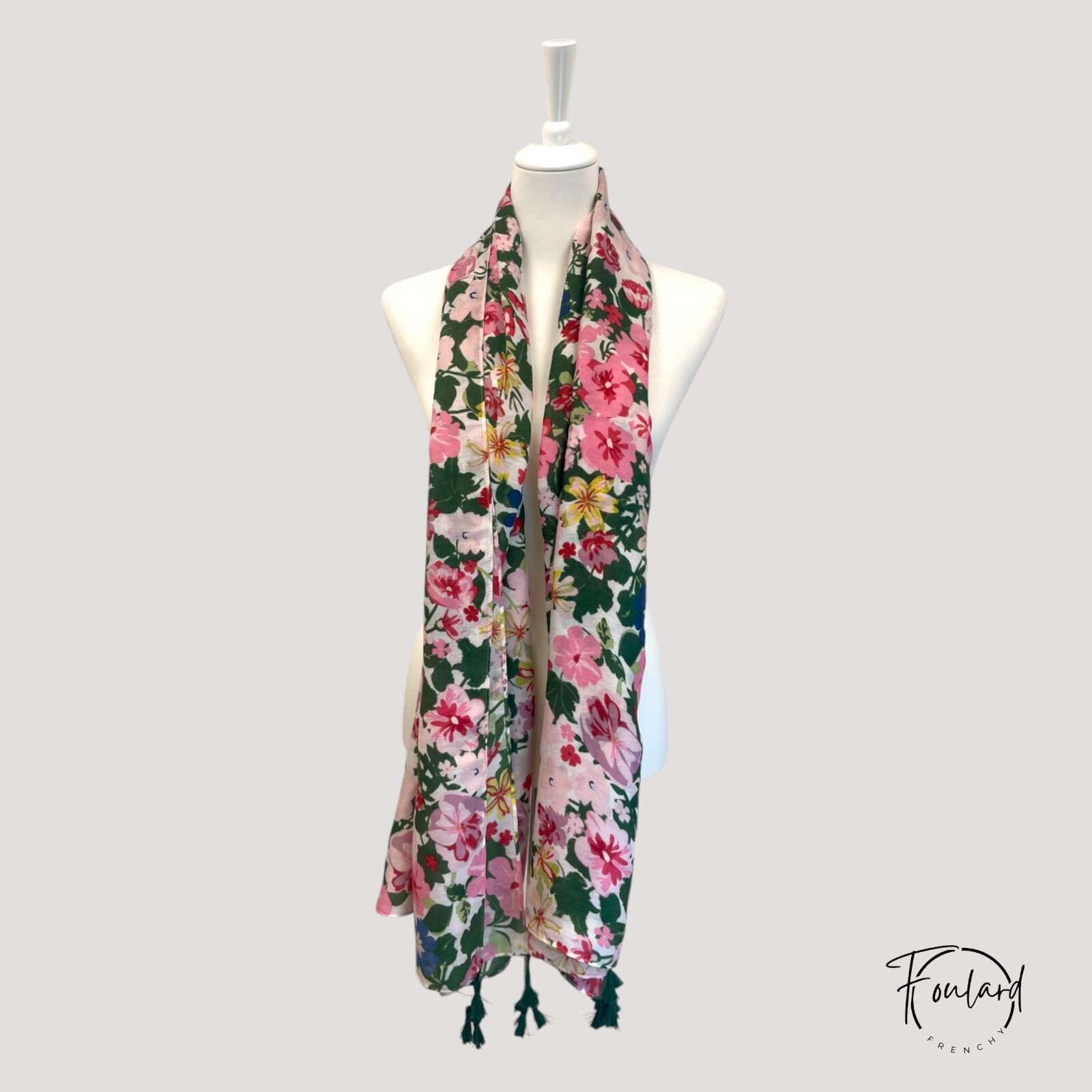 Foulard à fleurs, rose, vert et bleu – Image 4