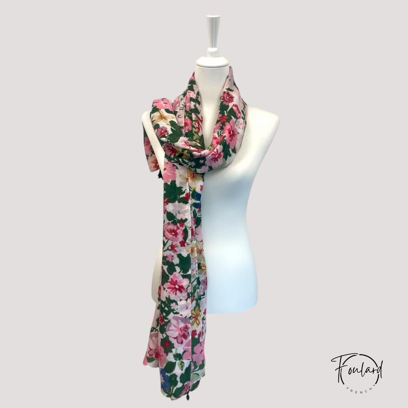 Foulard à fleurs, rose, vert et bleu – Image 3