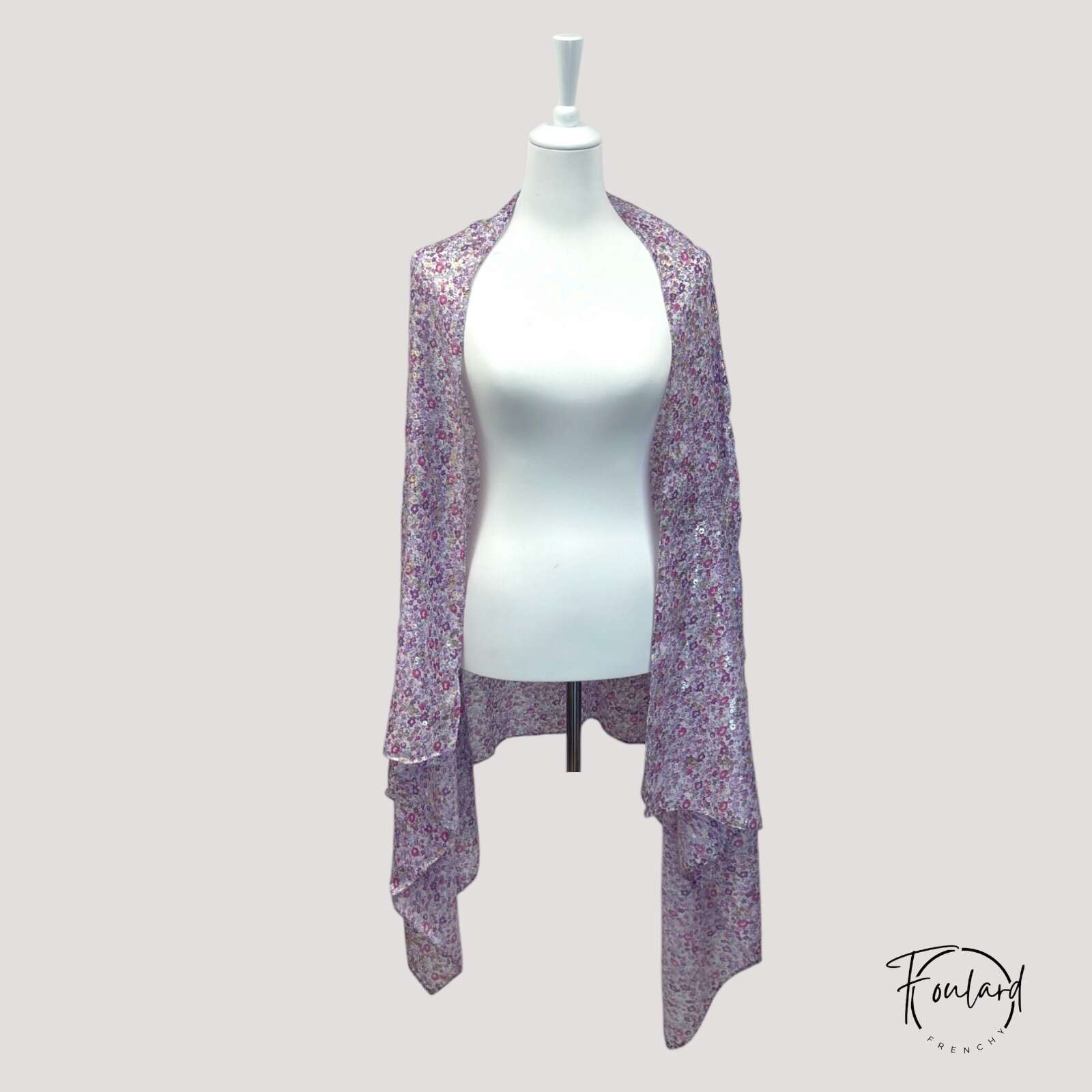 Foulard fleuri violet, paillettes dorées – Image 2