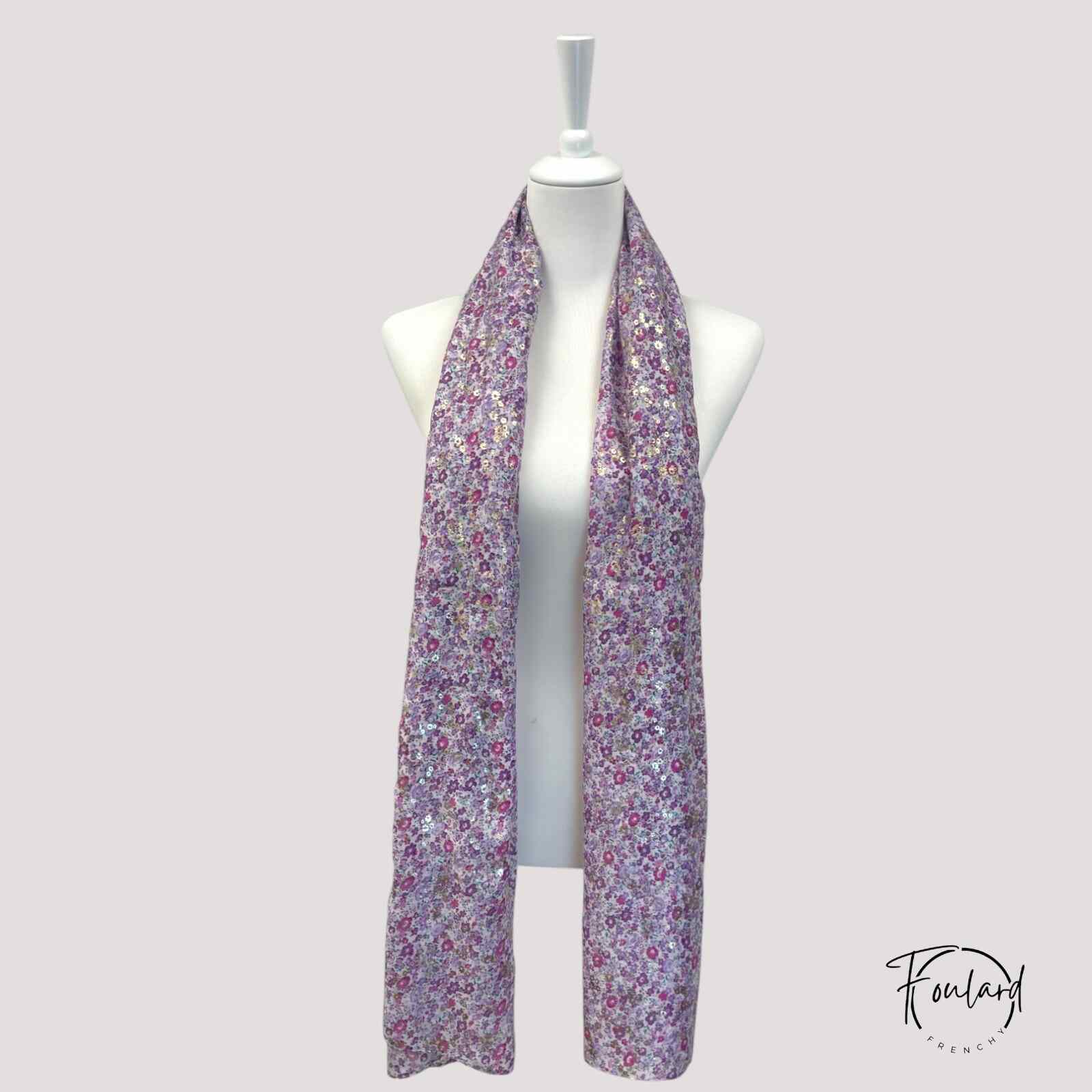 Foulard fleuri violet, paillettes dorées – Image 4