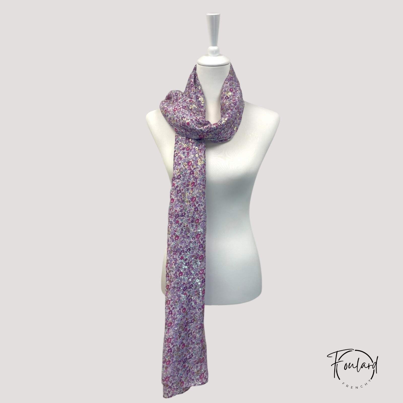 Foulard fleuri violet, paillettes dorées – Image 3