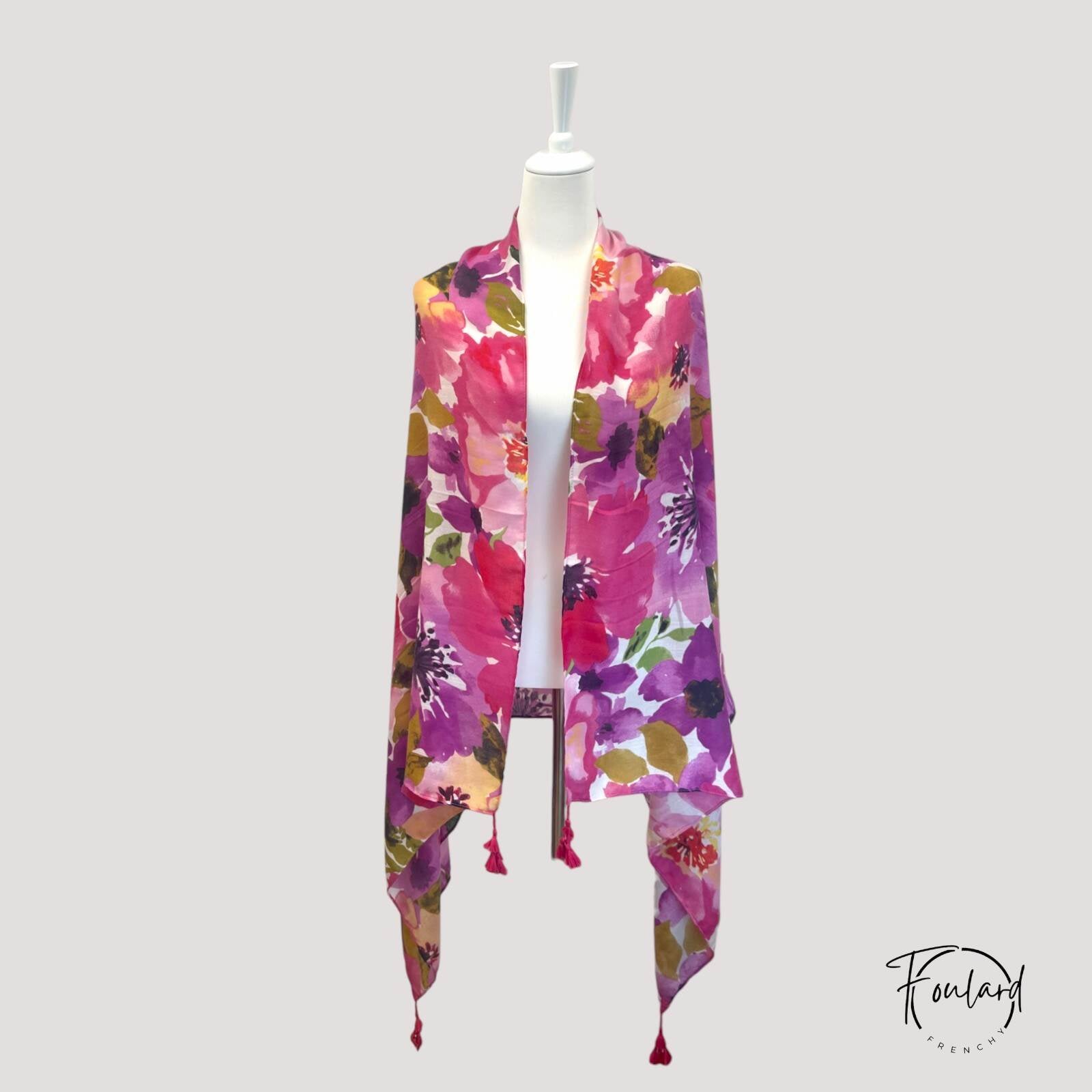 Foulard fleuri, rose et violet – Image 3