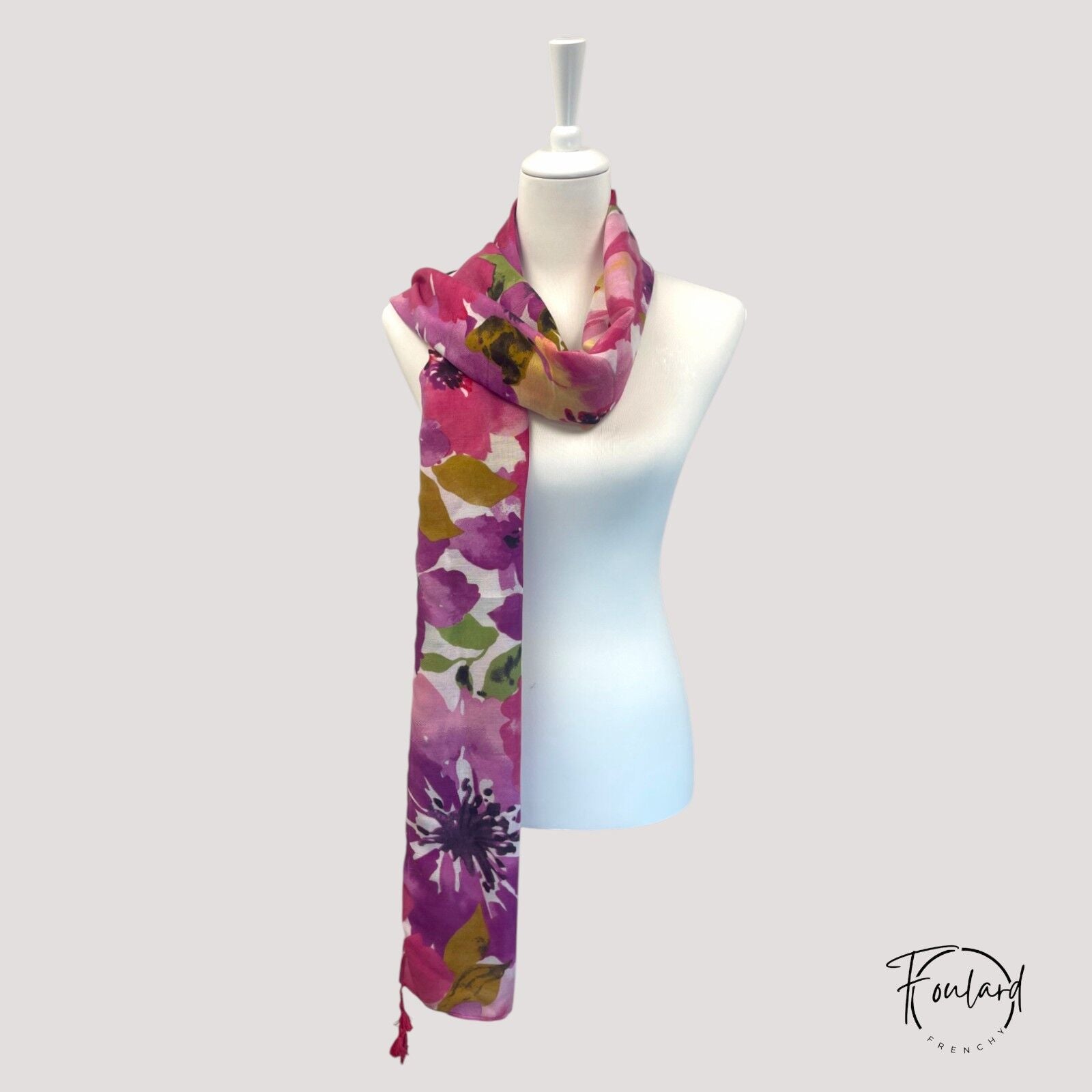 Foulard fleuri, rose et violet – Image 4