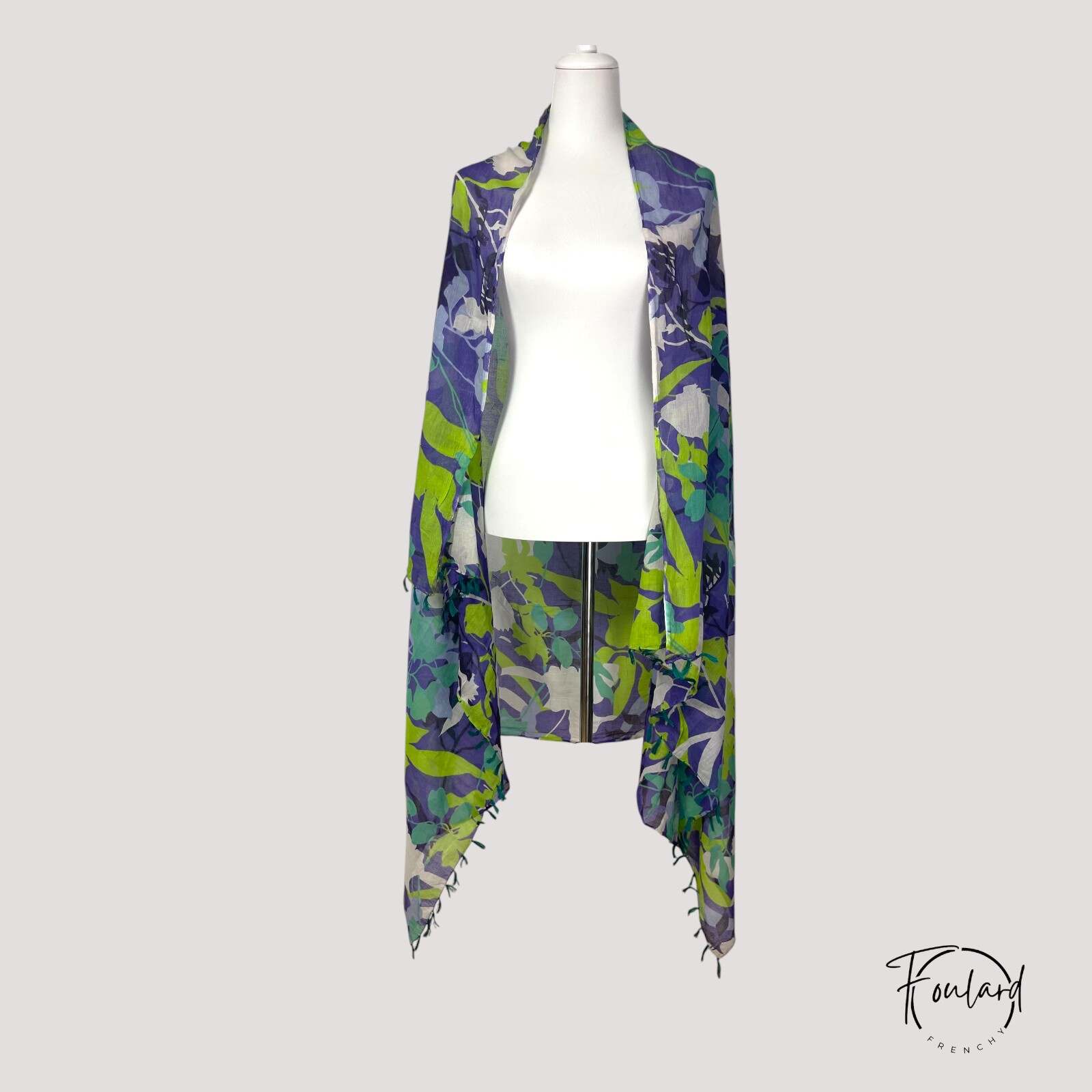 Foulard en coton, feuillage vert et violet – Image 3