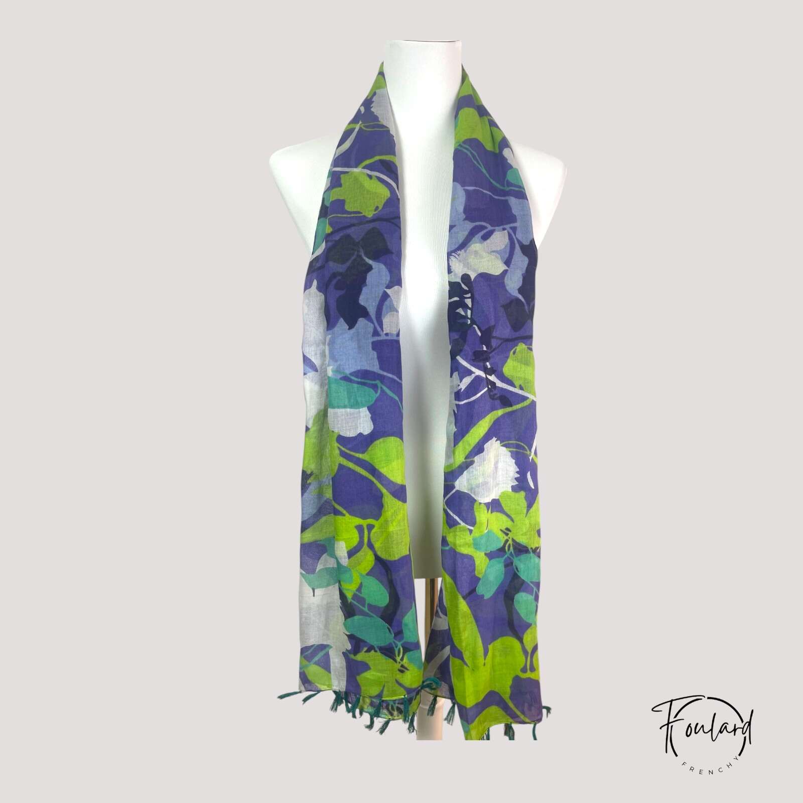 Foulard en coton, feuillage vert et violet – Image 2