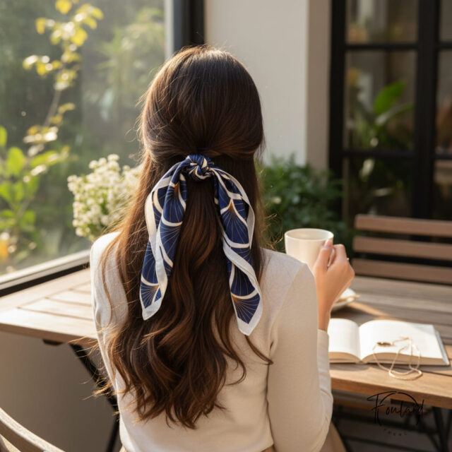 Foulard carré bleu marine, motif éventail doré
