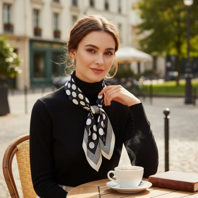 Foulard carré pois blancs, fond noir