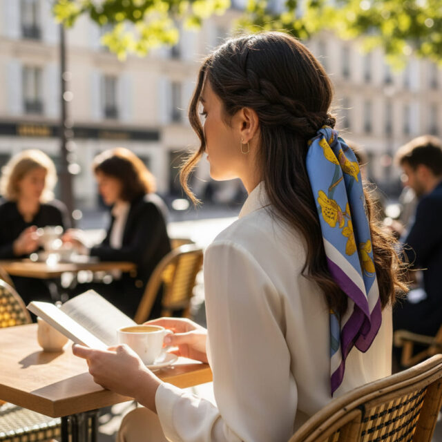 Foulard carré bleu lavande et violet
