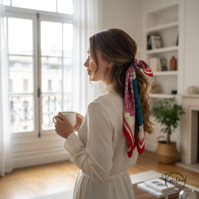 Foulard carré motif floral coloré, rose