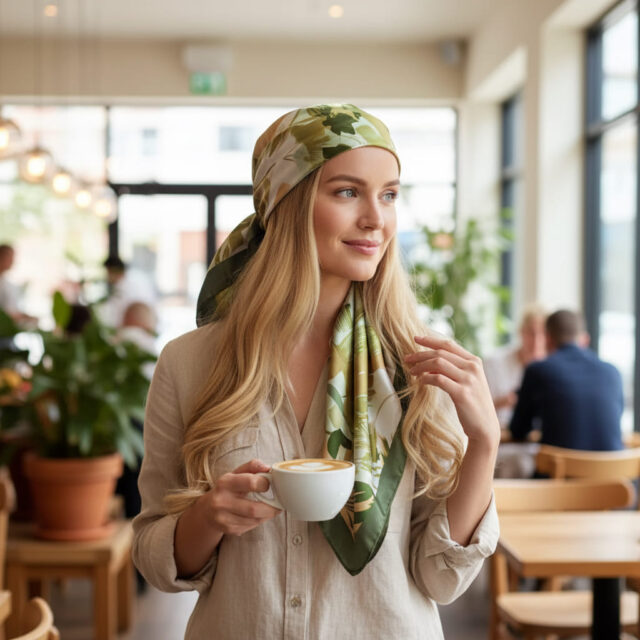 Foulard carré vert, motifs nature zen