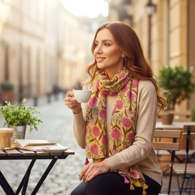 Foulard fleurs roses, fond jaune