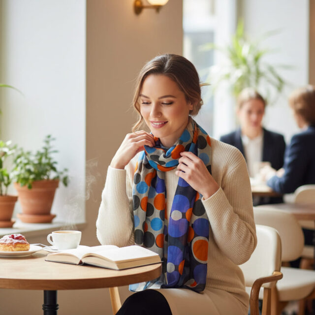 Foulard motifs géométriques, rouge-orange-violet-bleu