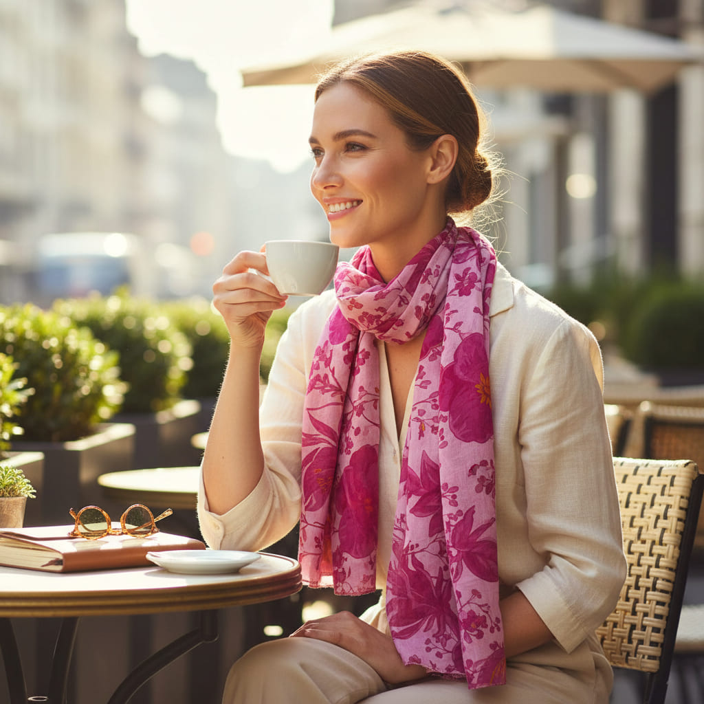 Foulard floral, rose fuchsia