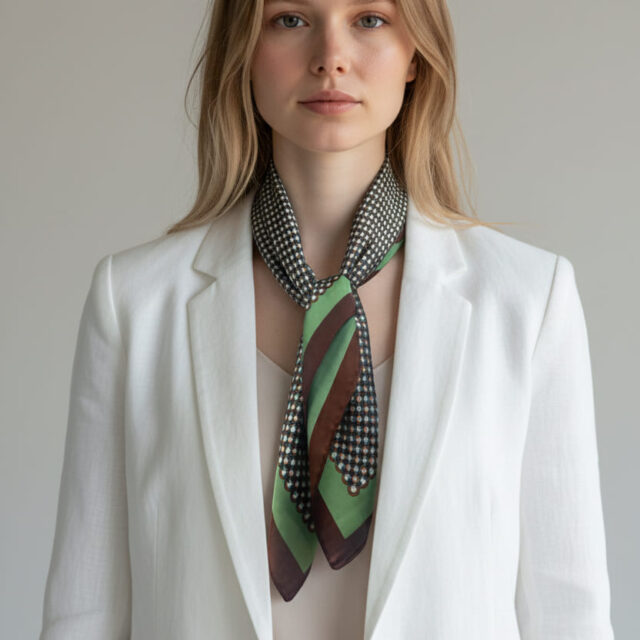 Foulard carré motif géométrique rétro, vert et marron