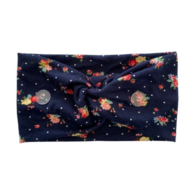Bandeau large bleu marine, fleurs et pois
