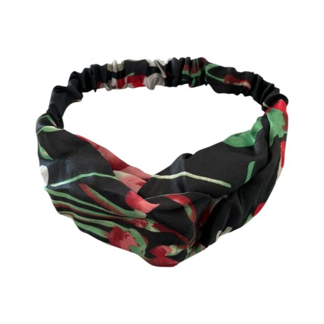 Bandeau croisé noir, motifs floraux rouges et verts