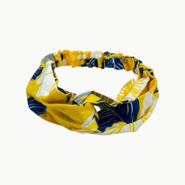 Bandeau motif floral bleu marine, fond jaune