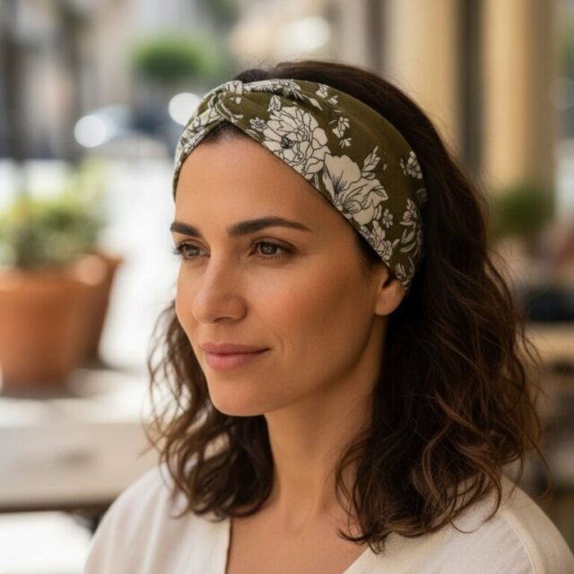 Bandeau motif floral blanc, fond kaki