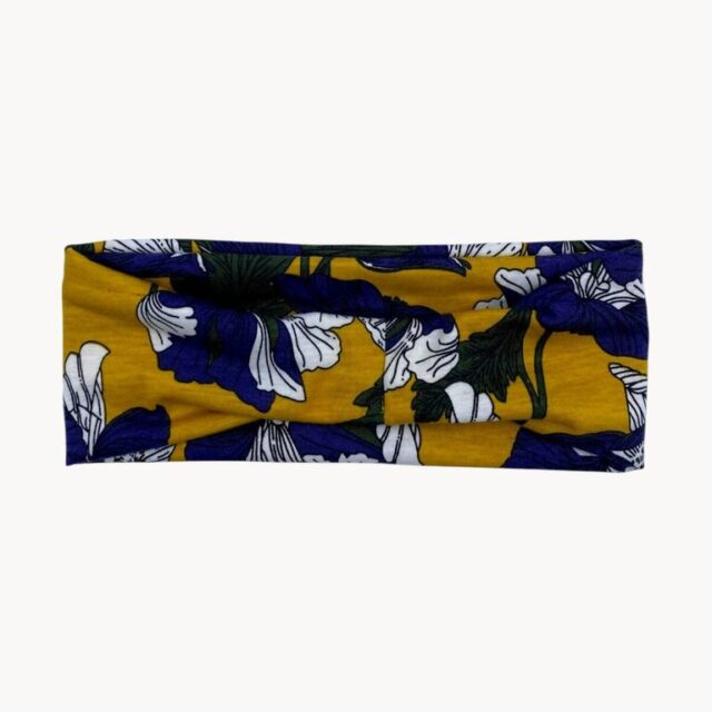 Bandeau fleurs blanches et bleues, fond moutarde