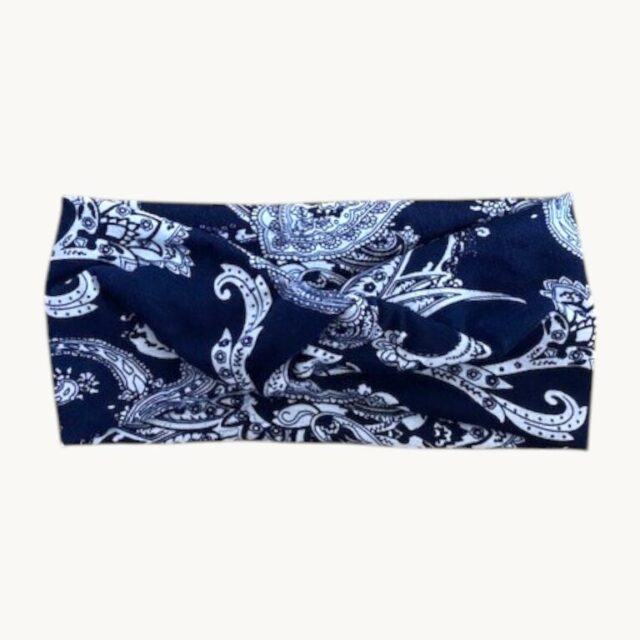 Bandeau bleu marine, motif floral blanc