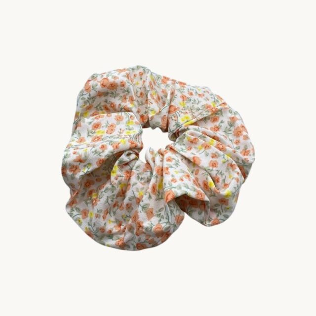 Chouchou 9 cm, fleurs oranges et jaunes