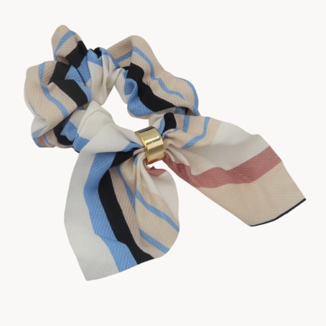 Chouchou foulard bleu et beige, anneau doré