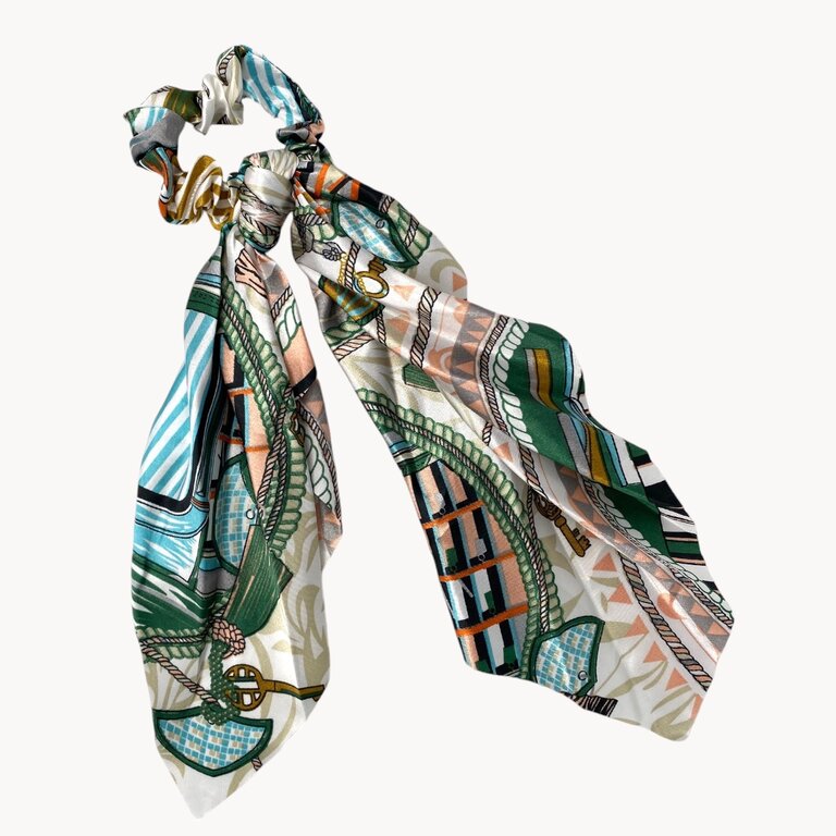 Chouchou effet soie, motif coloré vert et orange