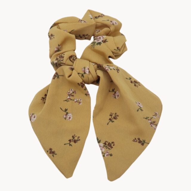 Chouchou foulard jaune moutarde, petites fleurs