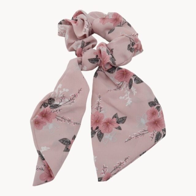 Chouchou foulard rose, petites fleurs roses