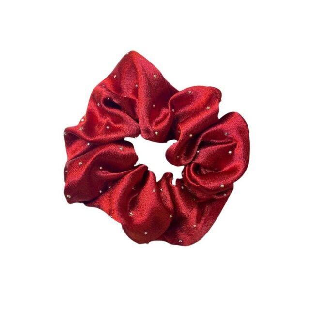 Chouchou satiné rouge à brillants, 10 cm