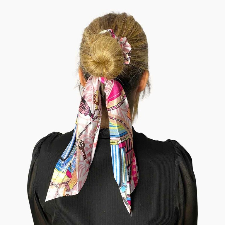 Chouchou foulard, motif chaînes bleu et rose – Image 2