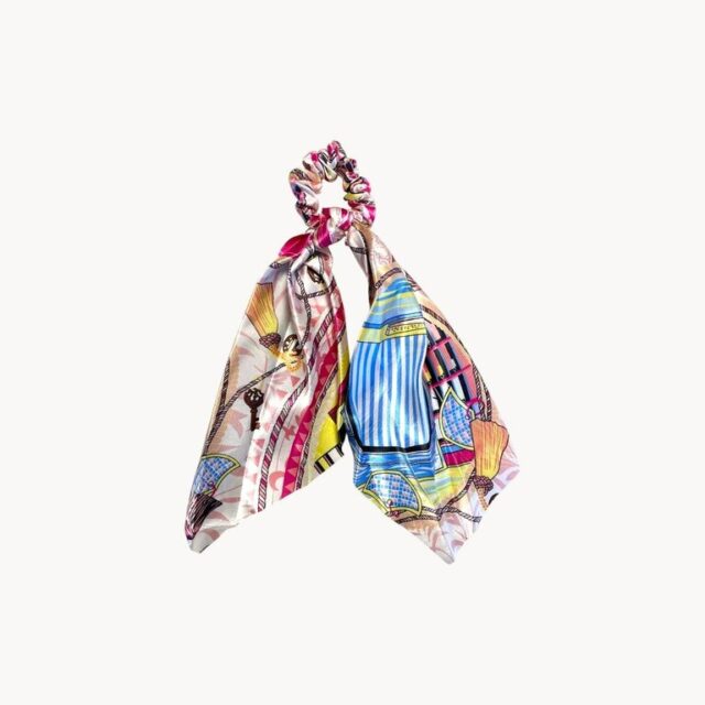 Chouchou foulard, motif chaînes bleu et rose