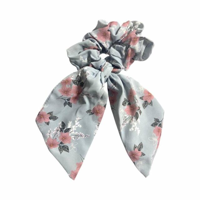 Chouchou foulard bleu gris à fleurs roses