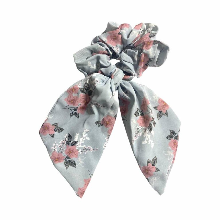 Chouchou foulard bleu gris à fleurs roses