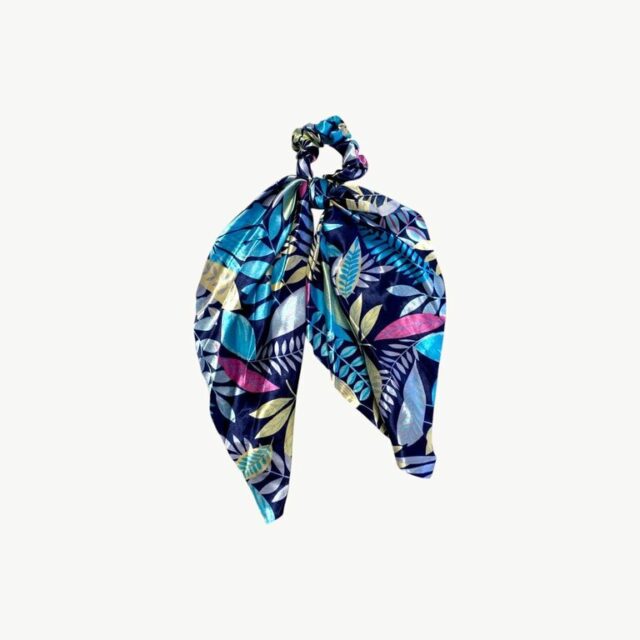 Chouchou foulard, feuilles multicolores fond bleu marine