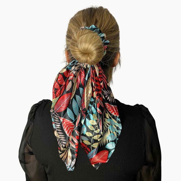 Chouchou foulard, feuilles turquoises et rouges – Image 2