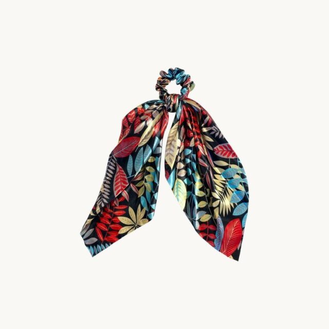 Chouchou foulard, feuilles turquoises et rouges