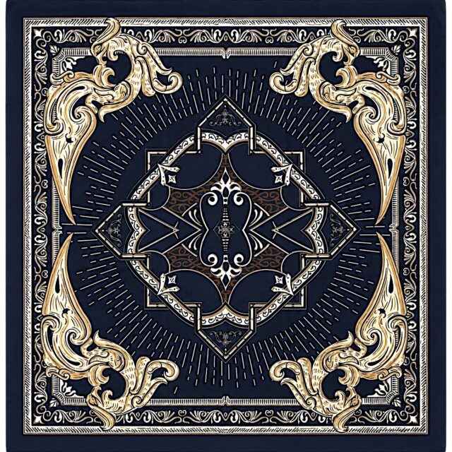 Foulard carré bleu marine 90 x 90 cm à motifs baroques beige doré, marron et blanc