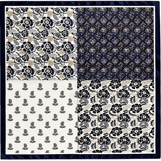 Foulard carré bleu marine 68 cm à motifs patchwork beige marron et blanc