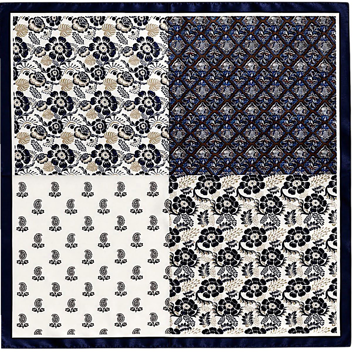 Foulard carré bleu marine 68 cm à motifs patchwork beige marron et blanc